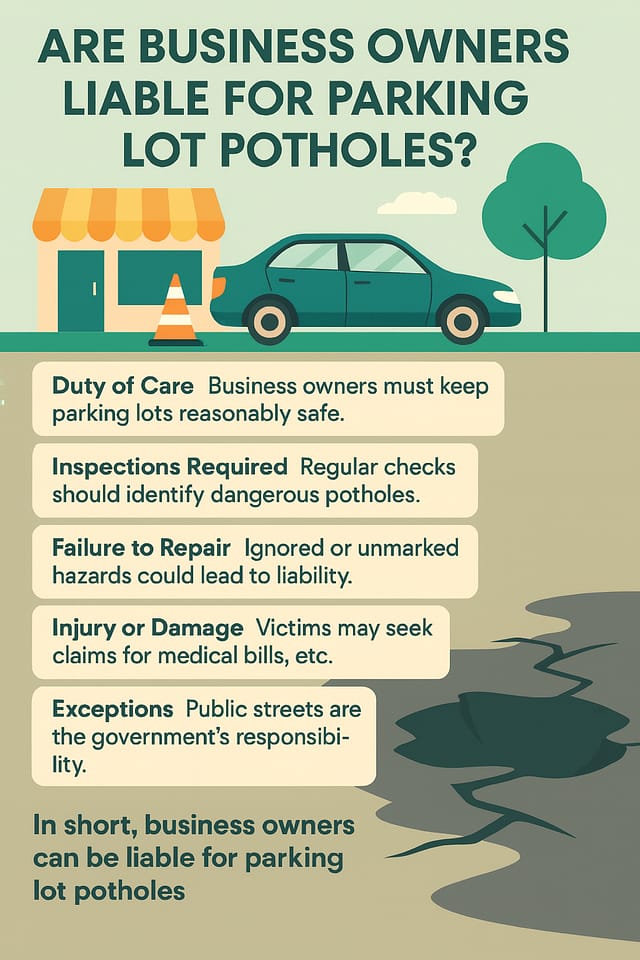 Infographic showing liability factors for parking lot potholes and answering the question: Are Business Owners Liable for Parking Lot Potholes.