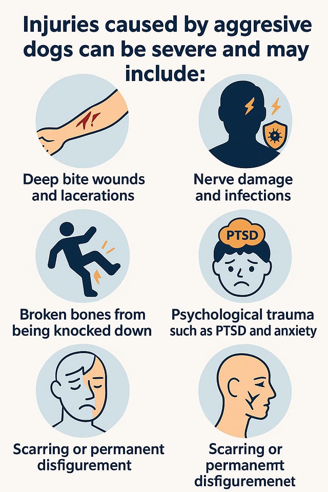 Infographic of injuries caused by aggressive dogs including bite wounds, nerve damage, broken bones, PTSD, and permanent disfigurement. Learn about Georgia dog bite laws.