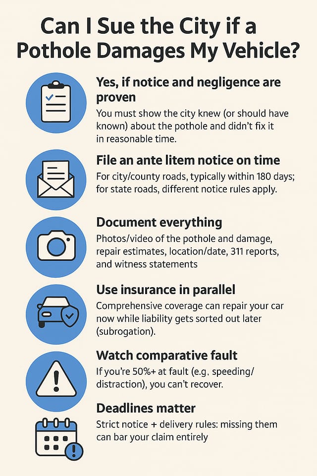 Can You Sue for Pothole Damage in Arizona? Claims, Deadlines, and What to Do Next 3 Infographic showing the legal process and insurance options when a pothole damages my vehicle in Arizona, including negligence, notice rules, and deadlines.
