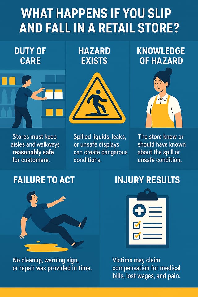 Infographic showing what happens in a slip and fall in a retail store when a customer slips on liquid in a grocery store, including duty of care, hazard, negligence, and injury results.