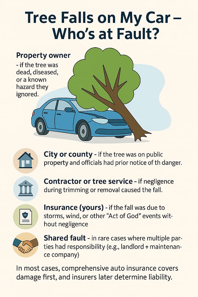 Infographic explaining tree falls on my car who’s at fault with icons for property owner, city, contractor, insurance, and shared fault