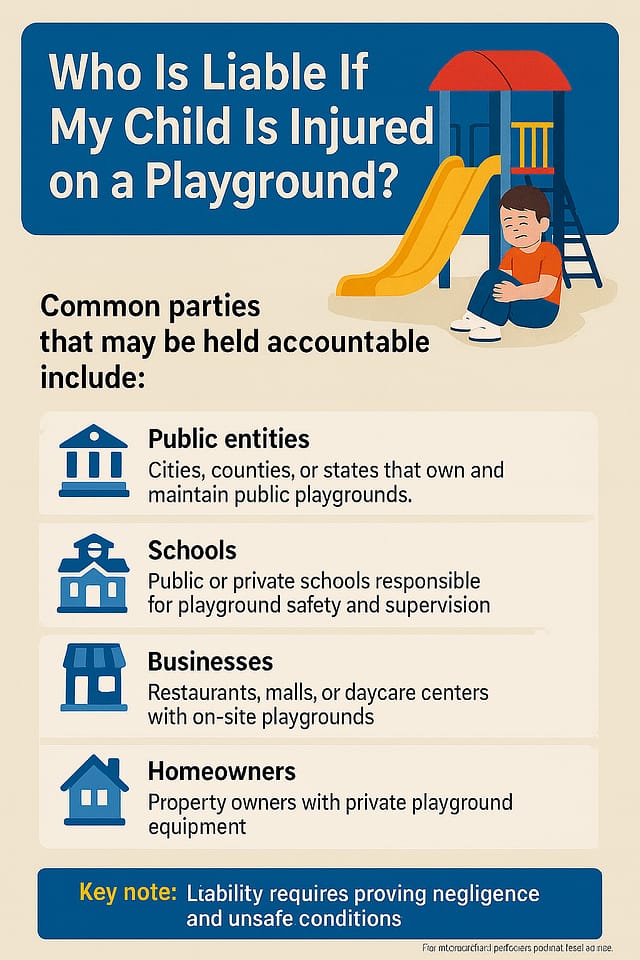 Infographic explaining who is liable if my child is injured on a playground, showing public entities, schools, businesses, homeowners, and manufacturers as possible responsible parties.