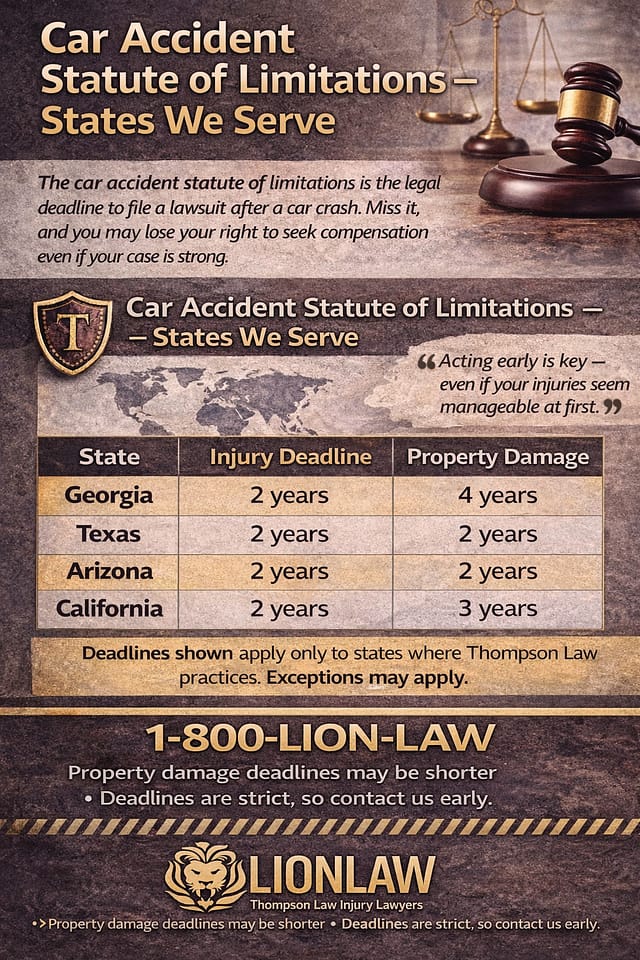 Infographic showing car accident statute of limitations for Georgia, Texas, Arizona, and California, including injury and property damage filing deadlines.