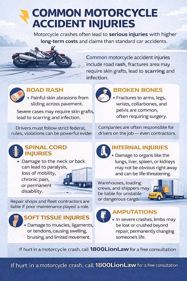 Common motorcycle accident injuries including head trauma, road rash, broken bones, spinal cord injuries, internal injuries, and burns illustrated in an infographic.