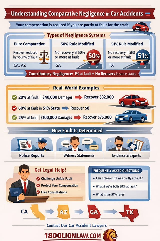 Infographic explaining comparative negligence in car accidents, showing how fault percentages reduce compensation under pure, modified, and contributory negligence rules