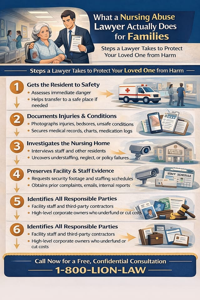 What a nursing home abuse lawyer does for families, including investigating neglect, protecting residents, preserving evidence, and pursuing compensation