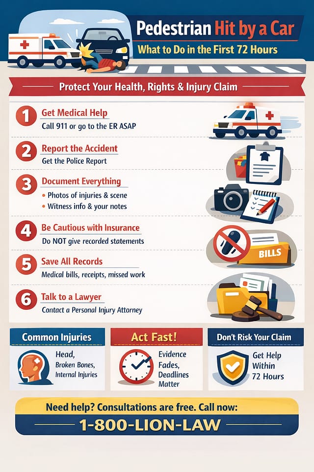 Infographic showing what to do in the first 72 hours after a pedestrian is hit by a car, including medical care, evidence, and insurance steps