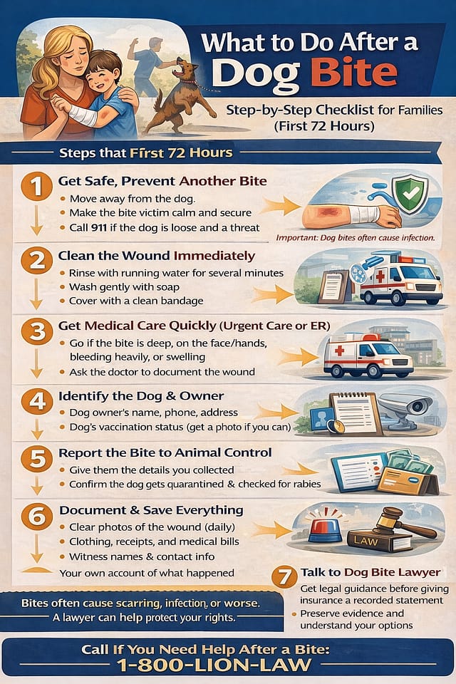 Infographic showing what to do after a dog bite, including washing the wound, getting medical care, documenting injuries, reporting the bite, and contacting a dog bite lawyer.