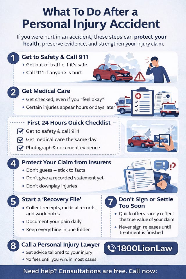Infographic showing steps on what to do after a personal injury accident, including medical care, evidence, and insurance tips