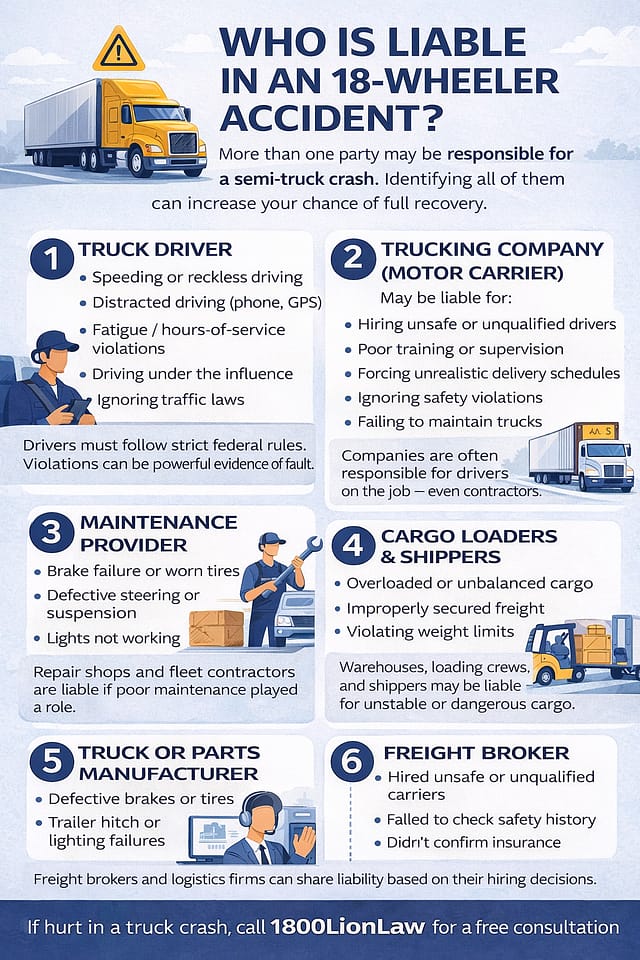 Who may be liable in an 18-wheeler accident including the truck driver, trucking company, maintenance crew, cargo loaders, and manufacturers