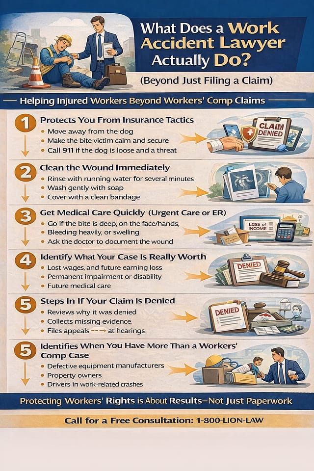 Infographic explaining what a work accident lawyer does to protect injured workers, handle insurance, document injuries, and pursue full compensation after a workplace accident