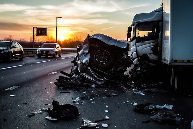 Car crash accident with TIR truck on road. Generative AI.