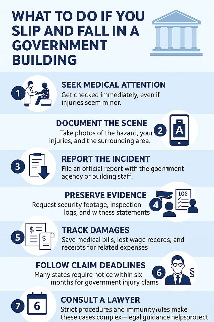 Infographic showing what to do after a slip and fall in a government building with seven key legal and medical steps.