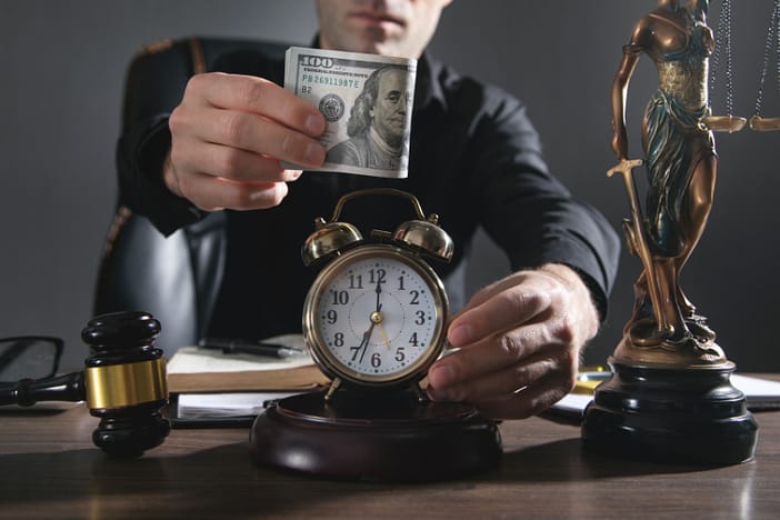 Male judge holding clock and money at courtroom. Personal Injury Lawyer