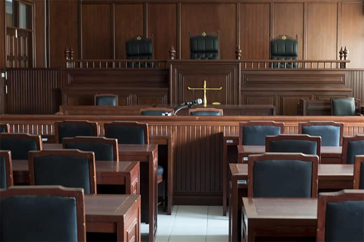 Courtroom prepared for civil litigation and personal injury trial proceedings.