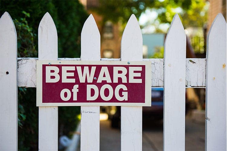 Beware of Dog sign on a white fence symbolizing the risk of injuries caused by aggressive dogs and legal liability according to Georgia dog bite laws.