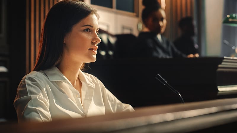 Juicio ante el Tribunal de Justicia y Justicia: Retrato de una bella testigo dando testimonio al fiscal y al abogado defensor, al juez y al jurado escuchando. Dramático Discurso de Víctima Empoderada contra el Delito. Testigos expertos