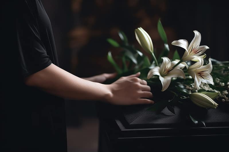 Woman putting white flowers on a coffin - New Braunfels Wrongful Death Lawyers